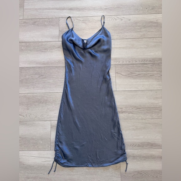 Aritzia Wilfred Dress Davina Ruched Side Cowl Neck Silky Cupro Gray Blue Sexy XS - Picture 2 of 11